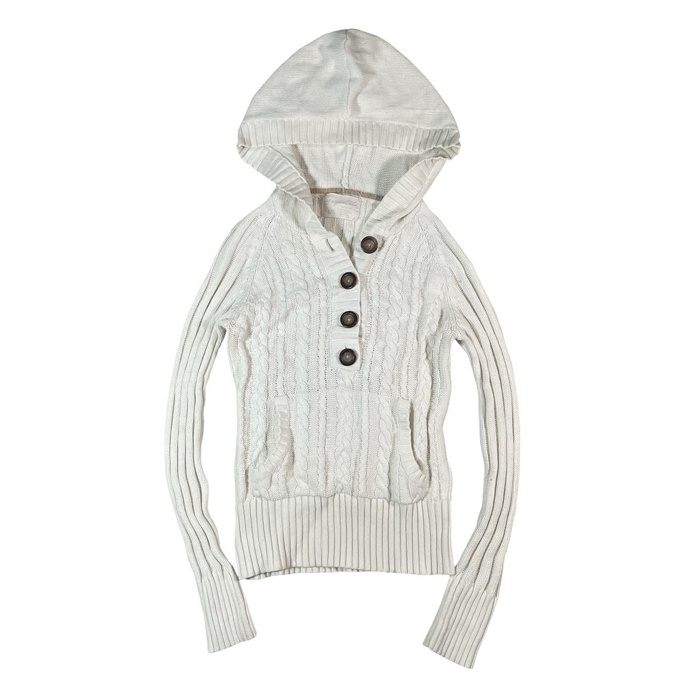 Aeropostale Cable Knit Hooded Henley Sweater L Cream Preppy Twee Bella‎ Swan Y2k